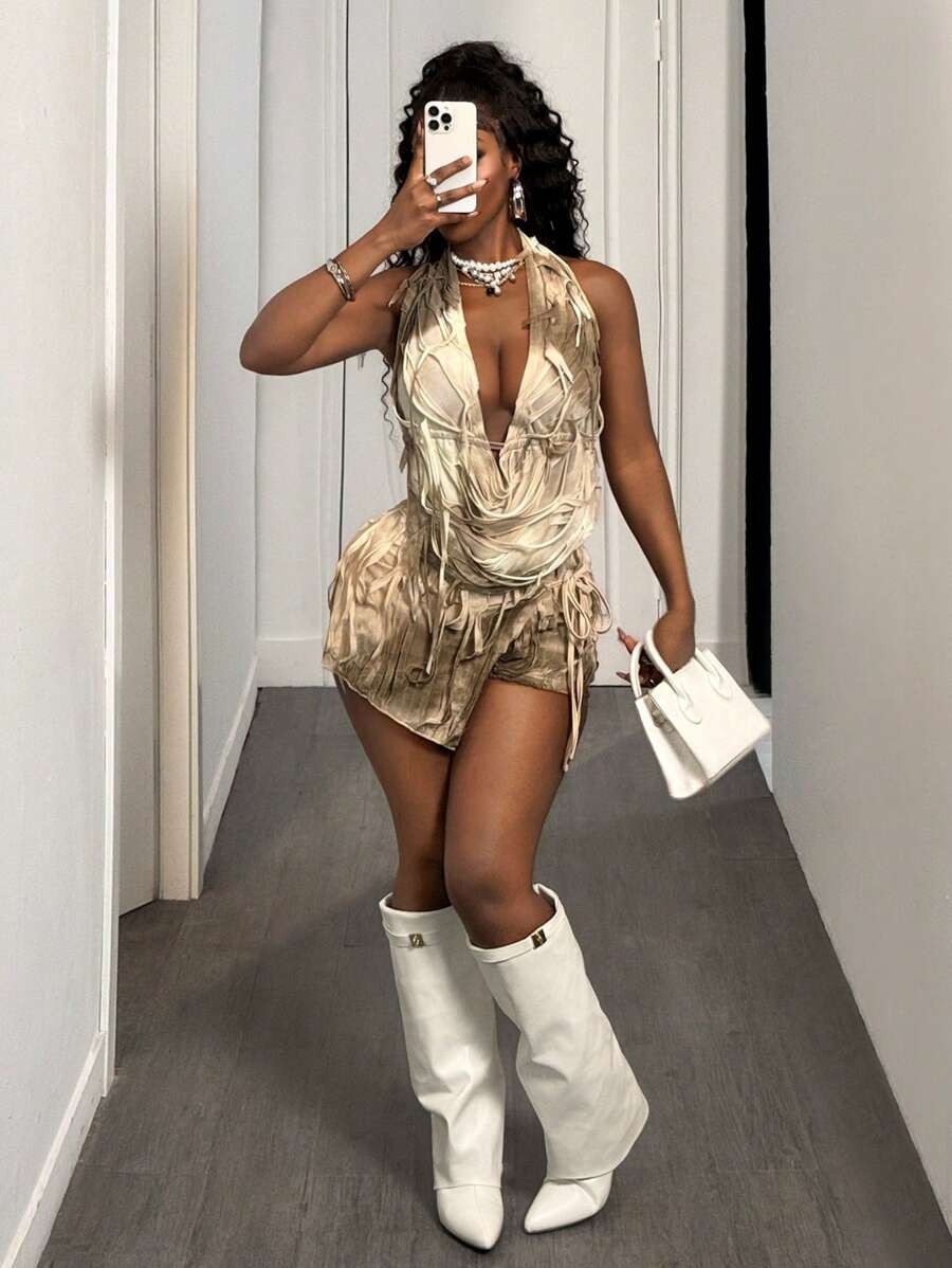 BamGleam Tie-Dye Knitted Jacquard Halter Print Top Club Outfits,Going Out Tops,Sexy | SHEIN