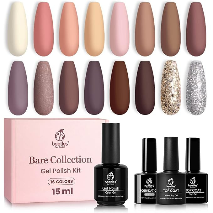 Beetles Bare Collection Gel Nail Polish Kit-19 Pcs 15ml Pastel Pink Nude Gel Polish Set Brown Gli... | Amazon (US)