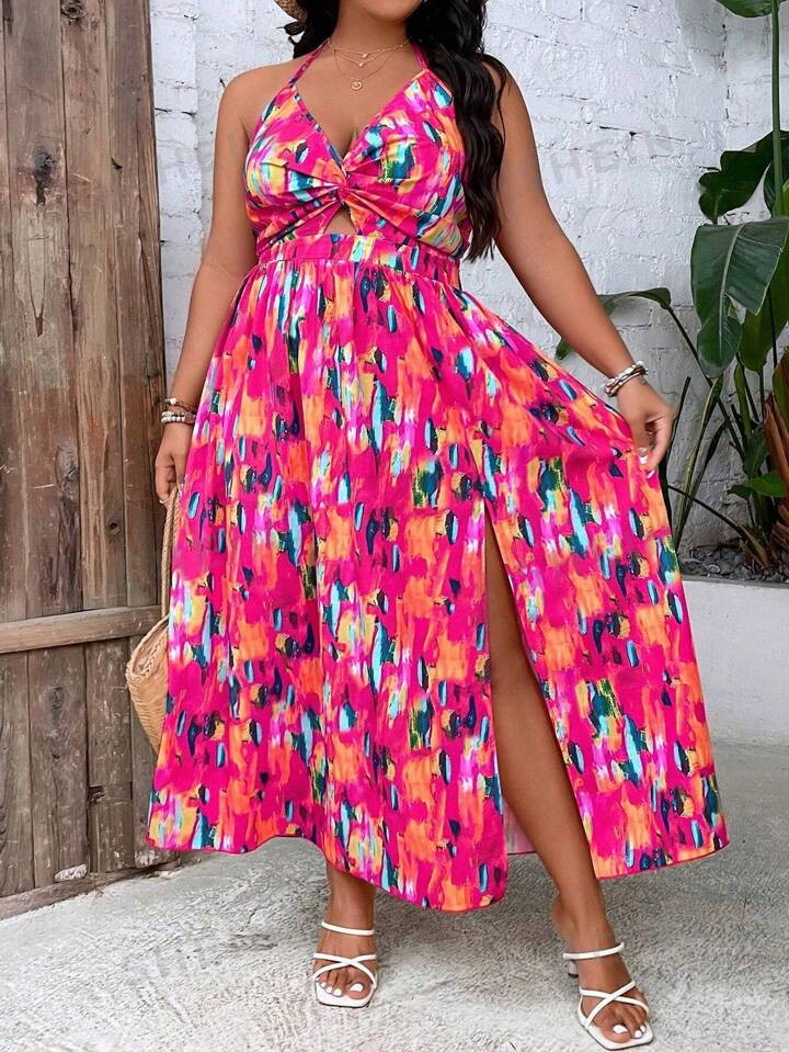 SHEIN LUNE Plus Allover Print Twist Front Split Thigh Cami Dress | SHEIN USA | SHEIN