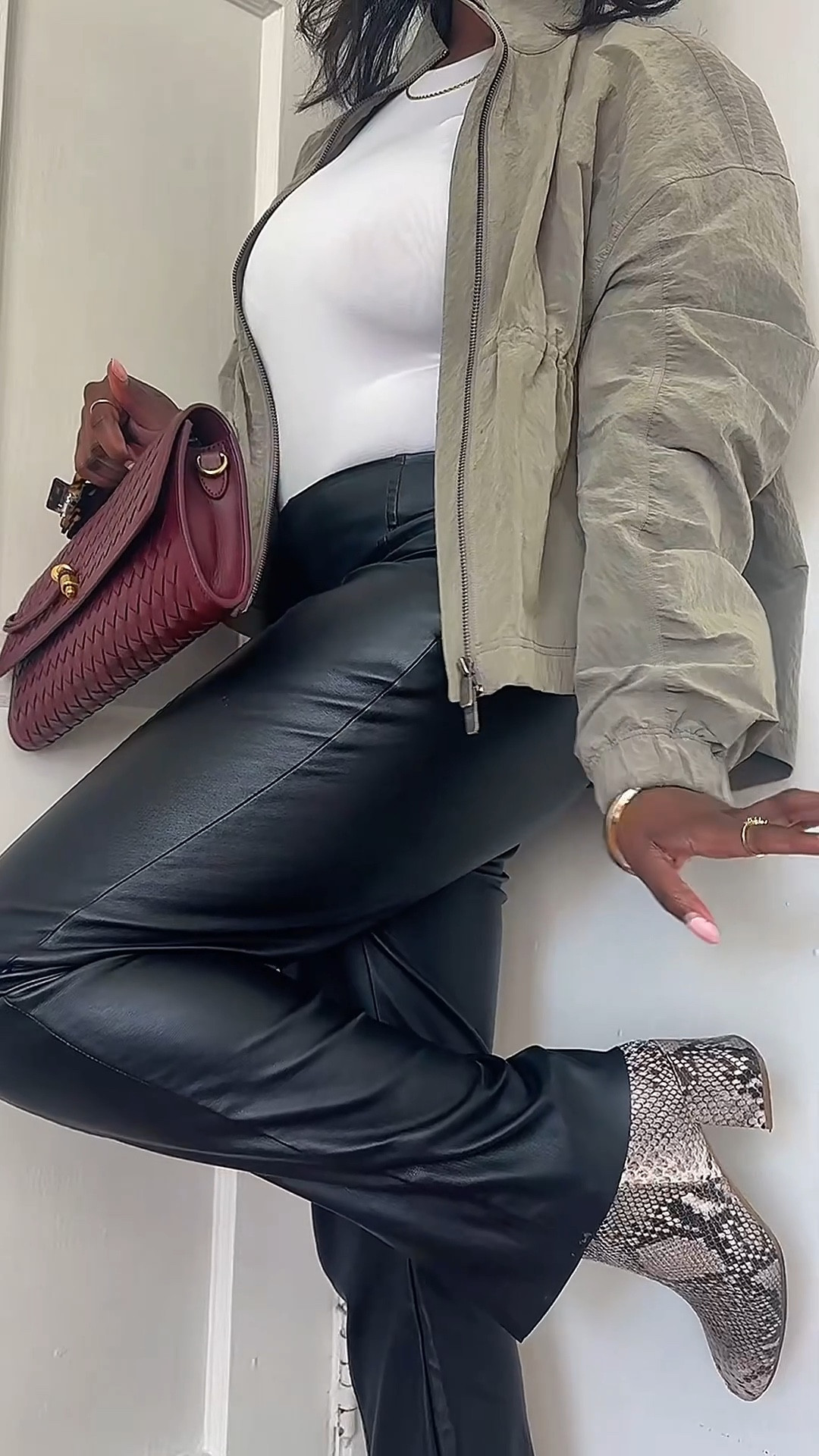 Spring brunch outfit 🥂 what I wore for Sunday fun day in Los Angeles. Split him, leather pants, snake, print booties, bodysuit, maroon handbag, aviator sunglasses, jacket 

#LTKstyletip #LTKSeasonal #LTKVideo
