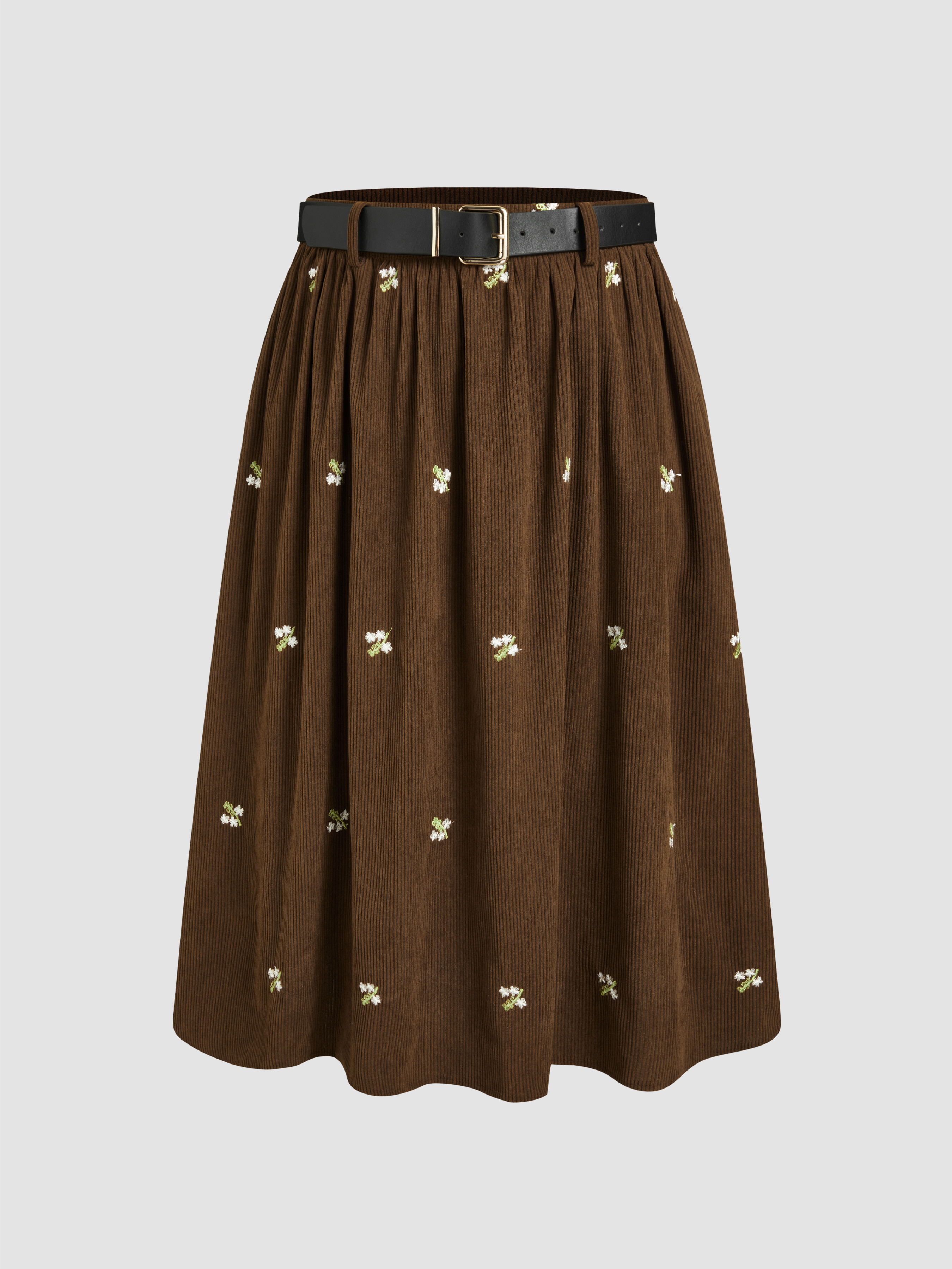 Corduroy Corduroy Mid Rise Floral Embroidery Ruffle Maxi Skirt With Belt For Work | Cider