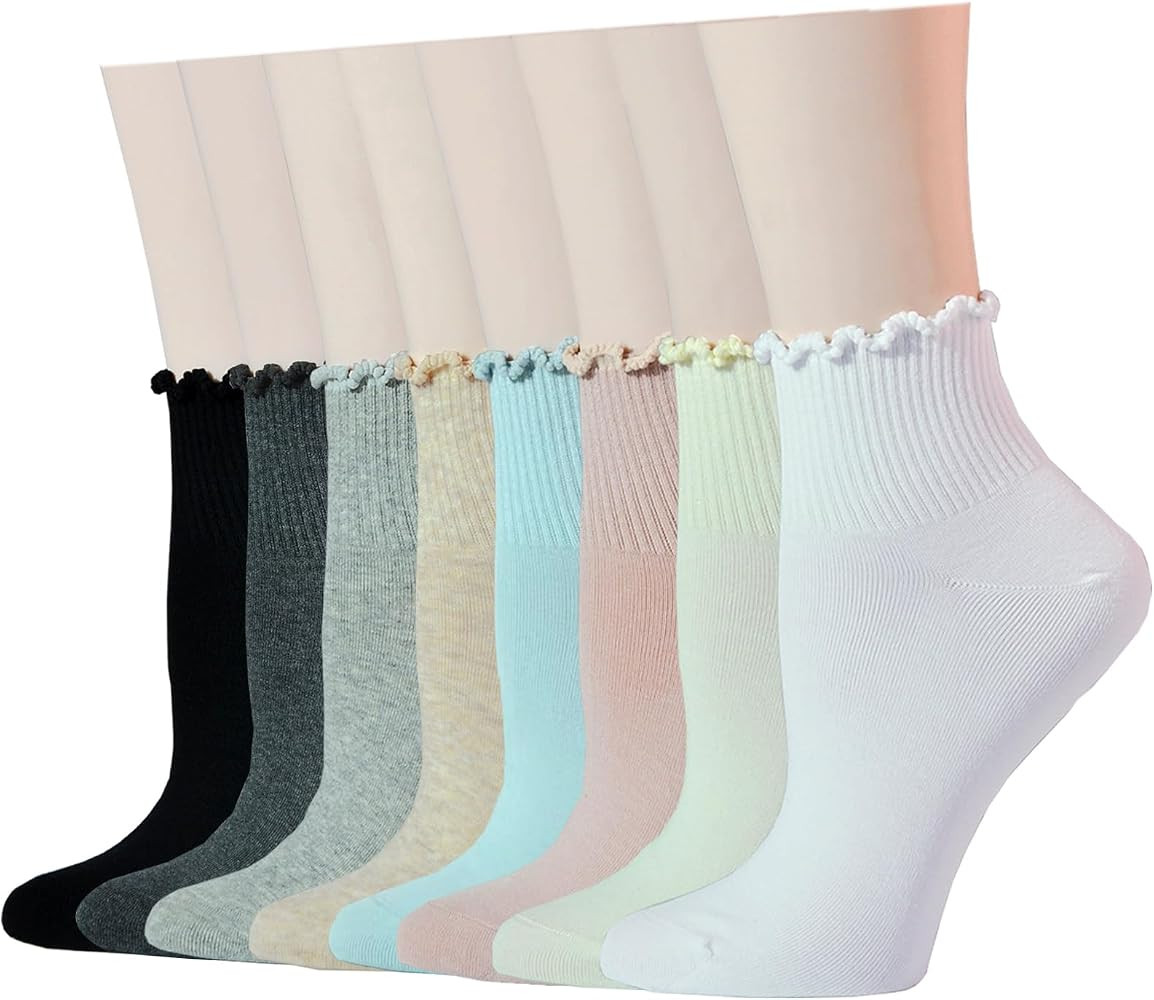 JORMATT 8 Pairs Ruffle Socks Women Seamless Ankle Socks Cute Cotton Frilly Crew Socks for Woman &... | Amazon (US)