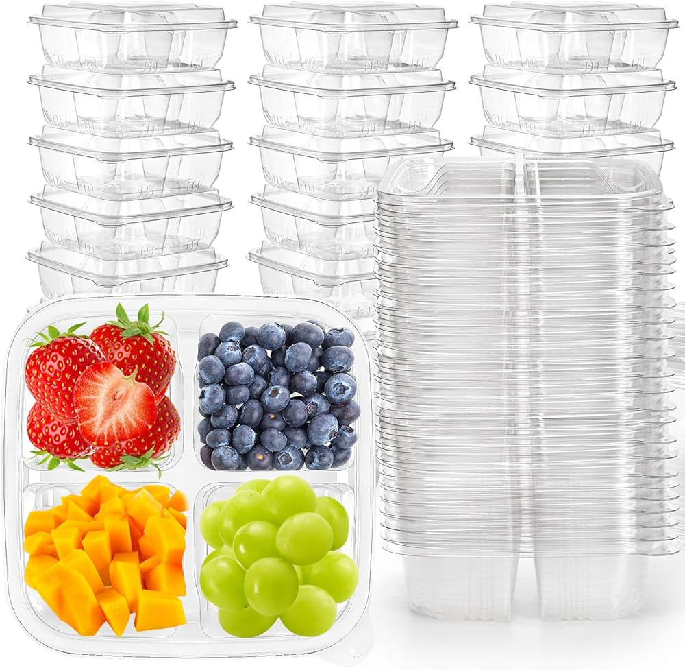Peohud 50 Pack Clear Bento Snack Containers, 4 Compartment Food Storage Containers, Reusable Meal... | Amazon (US)