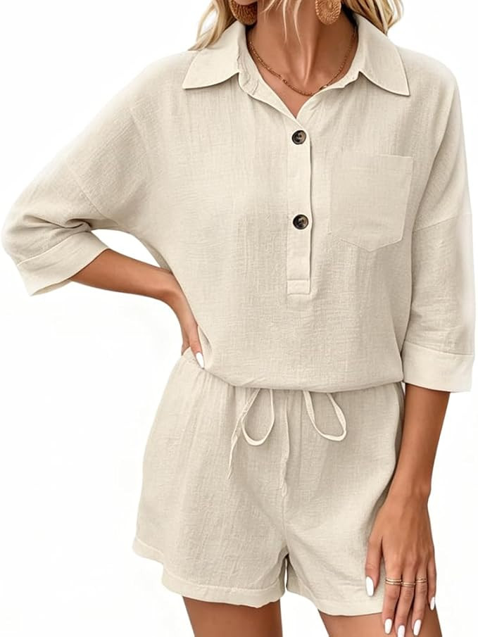 Linen Sets for Women 2 Piece Summer, Womens Linen Set Button Down Shirt & Shorts, Vacation Lounge... | Amazon (US)