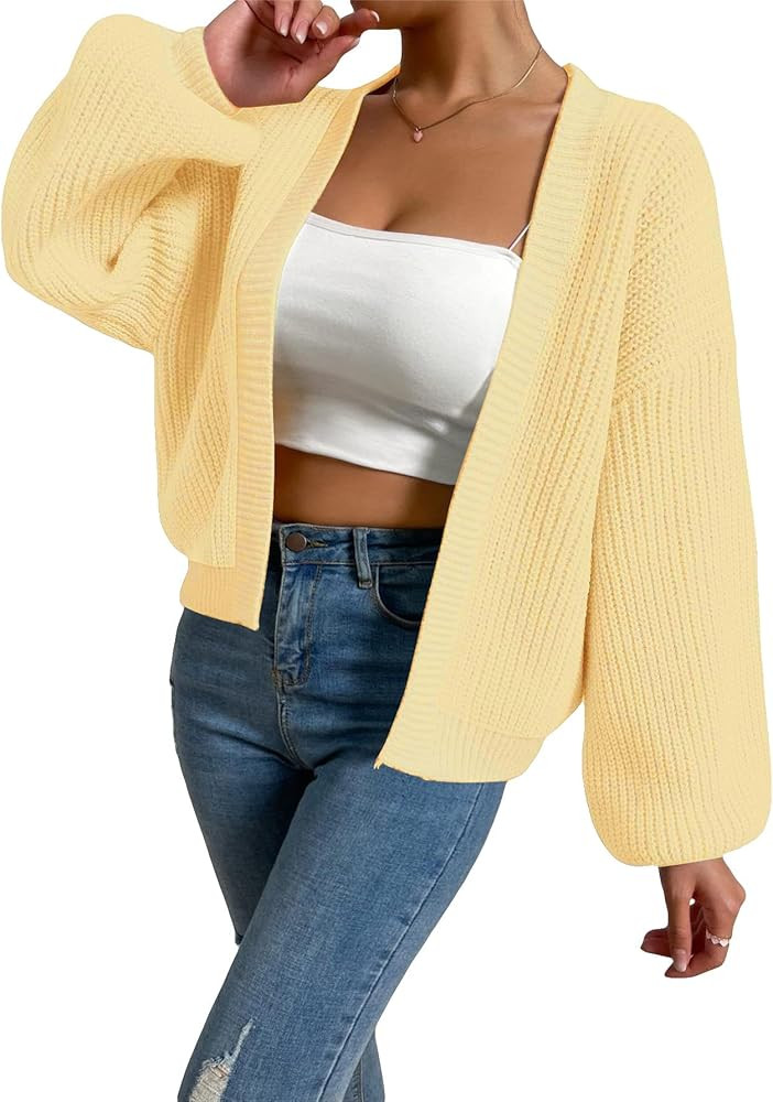 SHENHE Women's Color Block Open Front Long Sleeve Ribbed Knit Cropped Cardigan Sweaters | Amazon (US)