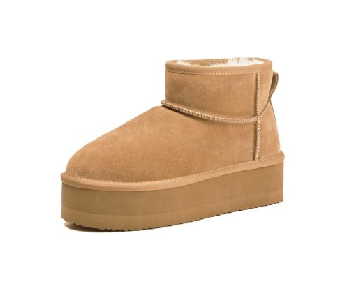Platform Mini Boots For Women Genuine Suede Fuzzy Winter Pull on Boots Wool Lining Women's Mini Snow Ankle Fur Boots | Amazon (US)