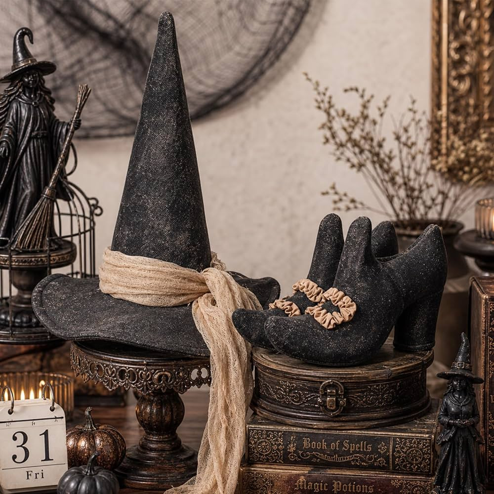 Chicingyou 2 Pcs Halloween Decorations Indoor Vintage Witch Hat Shoes Decor Table Centerpiece 13.... | Amazon (US)