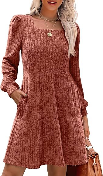 SAMPEEL Womens Square Neck Long Sleeve Fall Dresses Casual Babydoll Sweater Dress | Amazon (US)