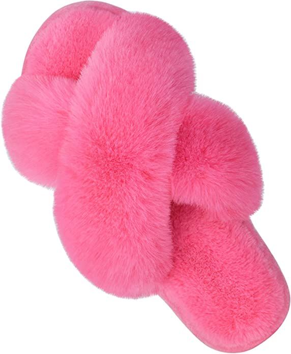 Women's Cross Band Slippers Soft Plush Furry Cozy Open Toe House Shoes Indoor Outdoor Faux Rabbit... | Amazon (US)