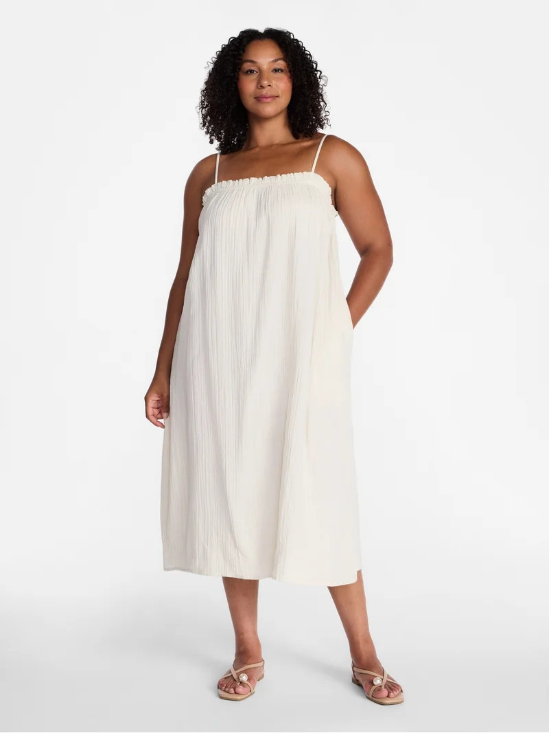 Time and Tru Women's Sleeveless Double Cloth Cotton Midi Dress, Sizes XS-XXXL | Walmart (US)