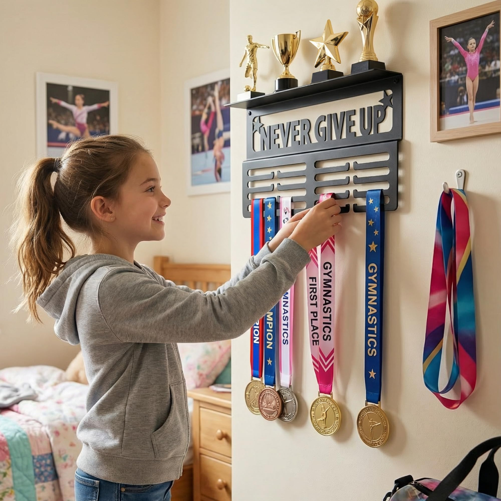 AGATHOS HOME Medal Hanger Display with Trophy Shelf - Metal Awards Rack for Walls Holds 64+ Sports Medals- Our Never Give Up 16" Medal Holder Awards Trophy Display | Amazon (US)