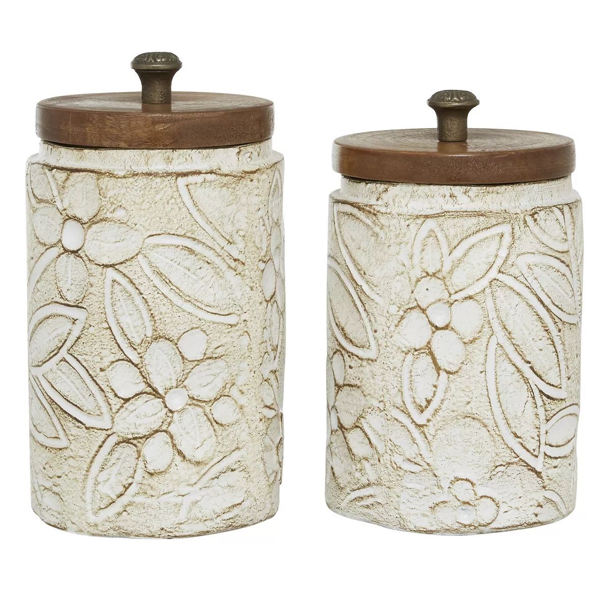 Stella & Eve Round Rustic White Floral Carved Ceramic Jar 2-piece Set | Kohl's