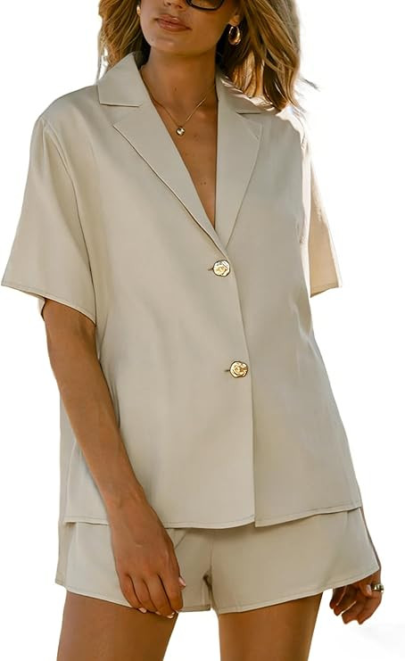 APAFES Women 2 Piece Set Button Down Shirt Shorts Sets Summer Two Piece Outfits Beach Vacation Ca... | Amazon (US)