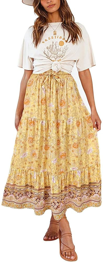 MEROKEETY Women's Boho Floral Print Elastic High Waist Pleated A Line Maxi Skirt | Amazon (US)