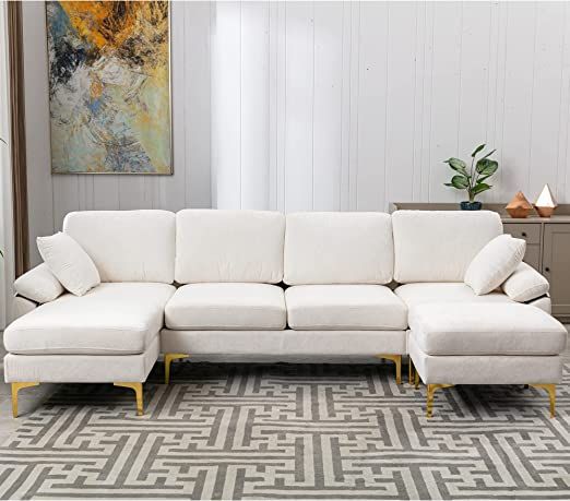 HomSof, White U-Shape Sectional, Mid Century Modern Couch with Chaise and Ottoman, Polyester Fabr... | Amazon (US)