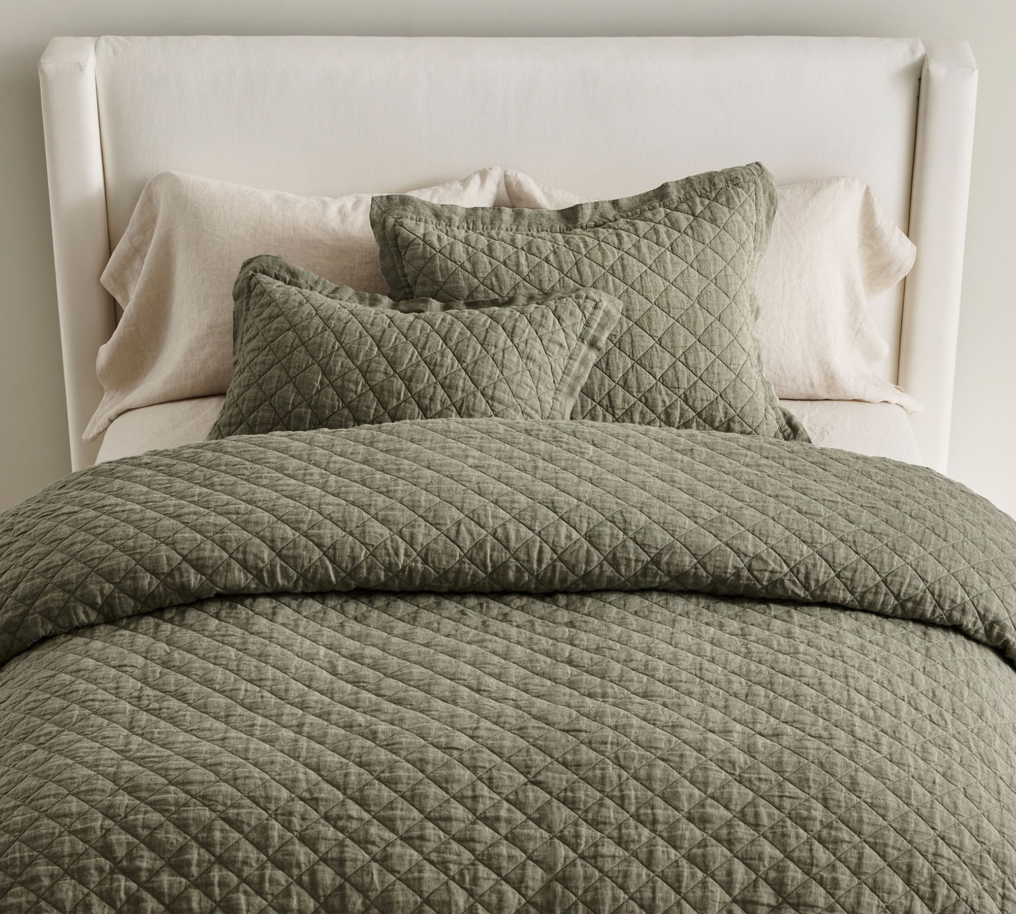 Belgian Flax Linen Diamond Quilt, Full/Queen, Soft Gray | Pottery Barn (US)
