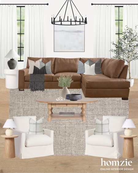 Living room inspo! The darker brown leather sectional nicely stands out against the lighter colored neutral home decor pieces like the coffee table and white chairs. 

#LTKhome #LTKSeasonal #LTKFind