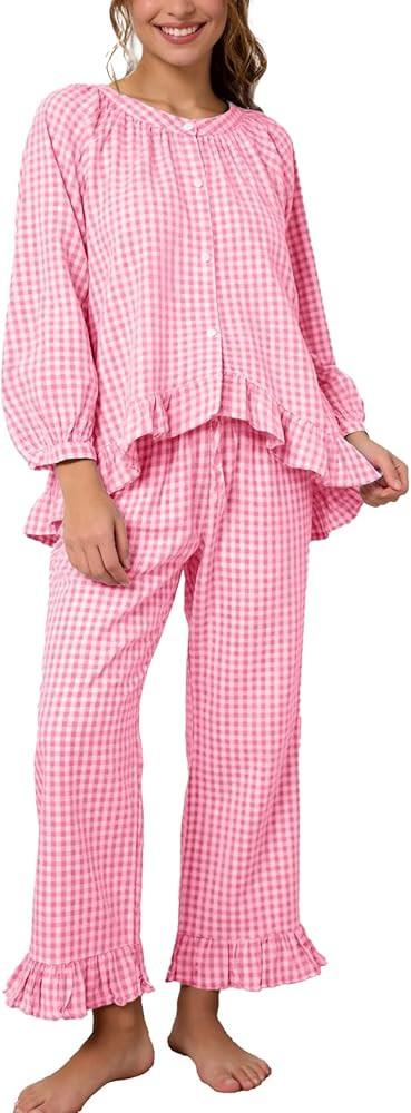Flygo Womens Plaid Pajamas Sets 2 Piece Cotton Pj Set Puff Sleeve Ruffle Babydoll Shirt Gingham P... | Amazon (US)