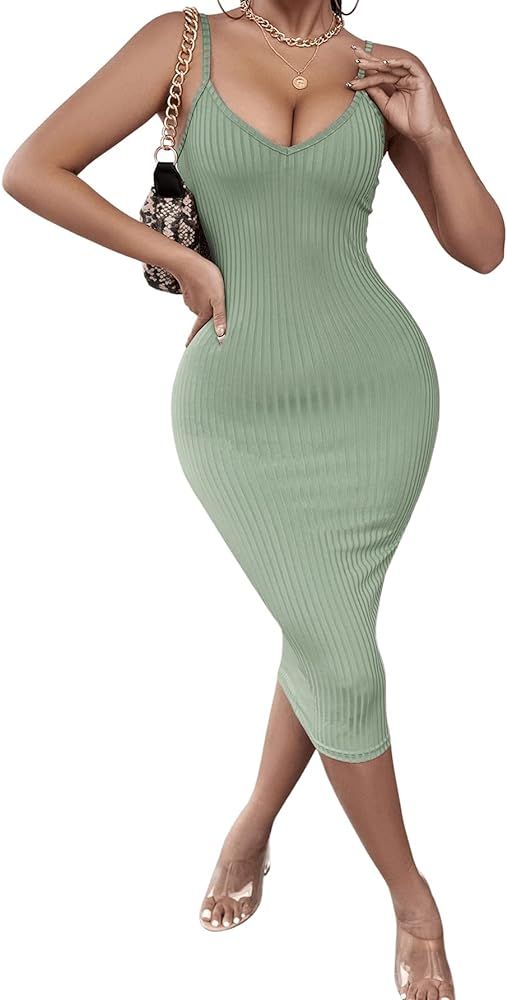 SweatyRocks Women's Sleeveless V Neck Ribbed Knit Cami Dress Spaghetti Strap Bodycon Midi Dresses | Amazon (US)