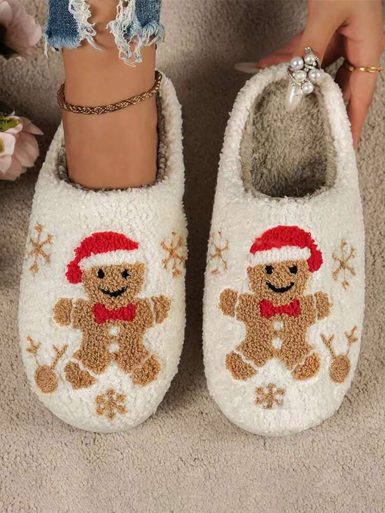 Women's Christmas Gingerbread Man & Snowflake Embroidery Pattern Warm Soft Closed Toe Casual Indoor Slippers, Autumn/Winter | SHEIN