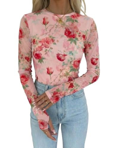 CHICME Womens Floral Mesh Long Sleeve Tops Crewneck See Through Fitted Shirts Sexy Sheer Going Out Blouses-pi-L Pink | Amazon (US)