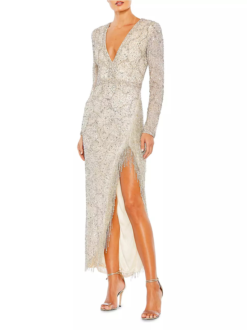 Embellished Long-Sleeve V-Neck Beaded-Hem Gown | Saks Fifth Avenue