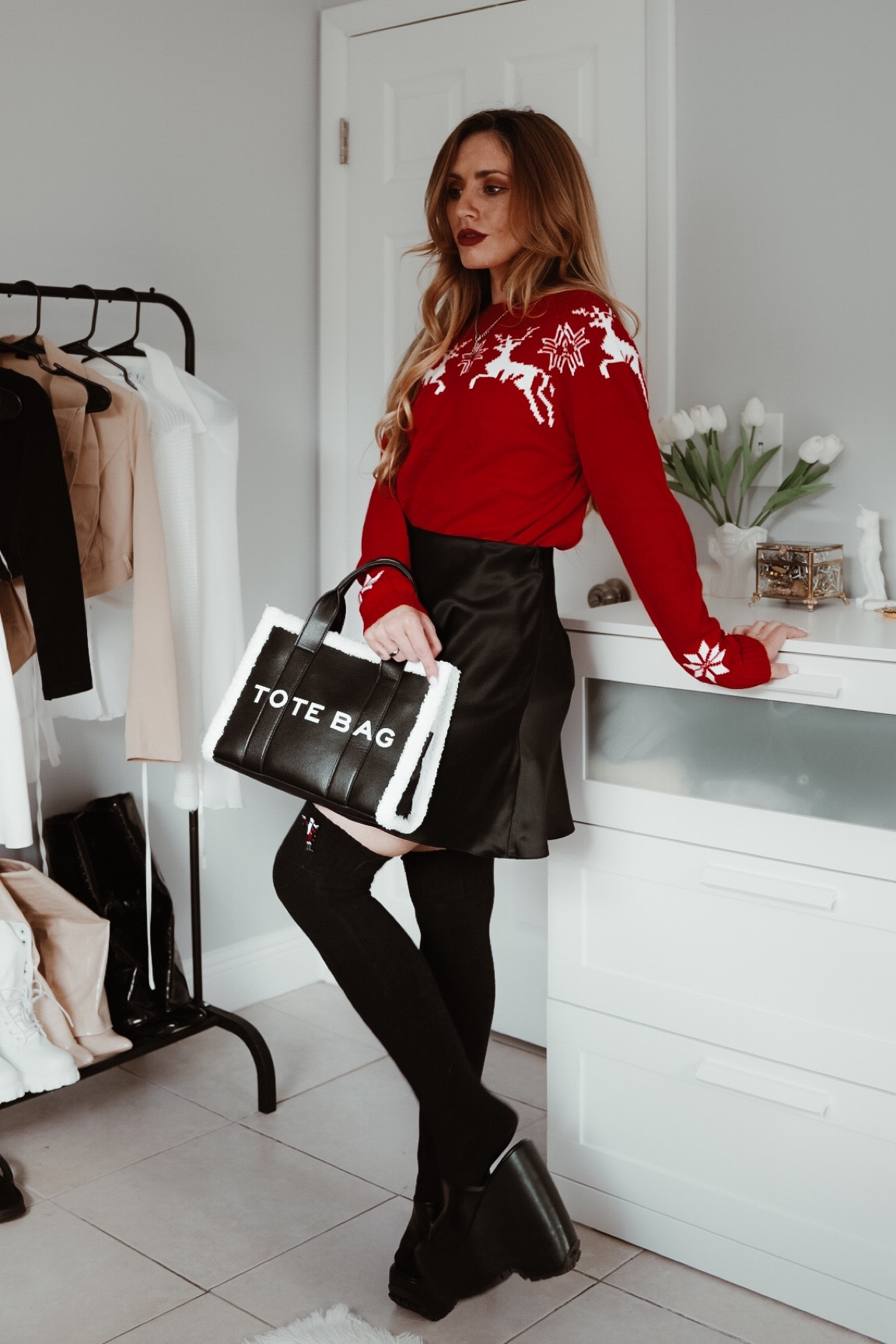Christmas outfit, Christmas sweater, red Christmas outfit, red outfit, black outfit, black Christmas outfit, black stockings, black platforms, tote bag, designer dupe, Temu finds, Temu outfits, ootd, Christmas aesthetic, holiday outfit, black skirt, explore page, influencer style, style tips, style ideas

#LTKHolidaySale #LTKfindsunder50 #LTKstyletip
