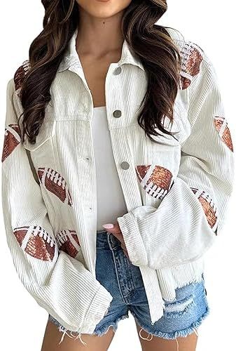 Gozoloma Women's Game Day Corduroy Sequin Football Cropped Jacket Rugby Oversized Lapel Button Do... | Amazon (US)