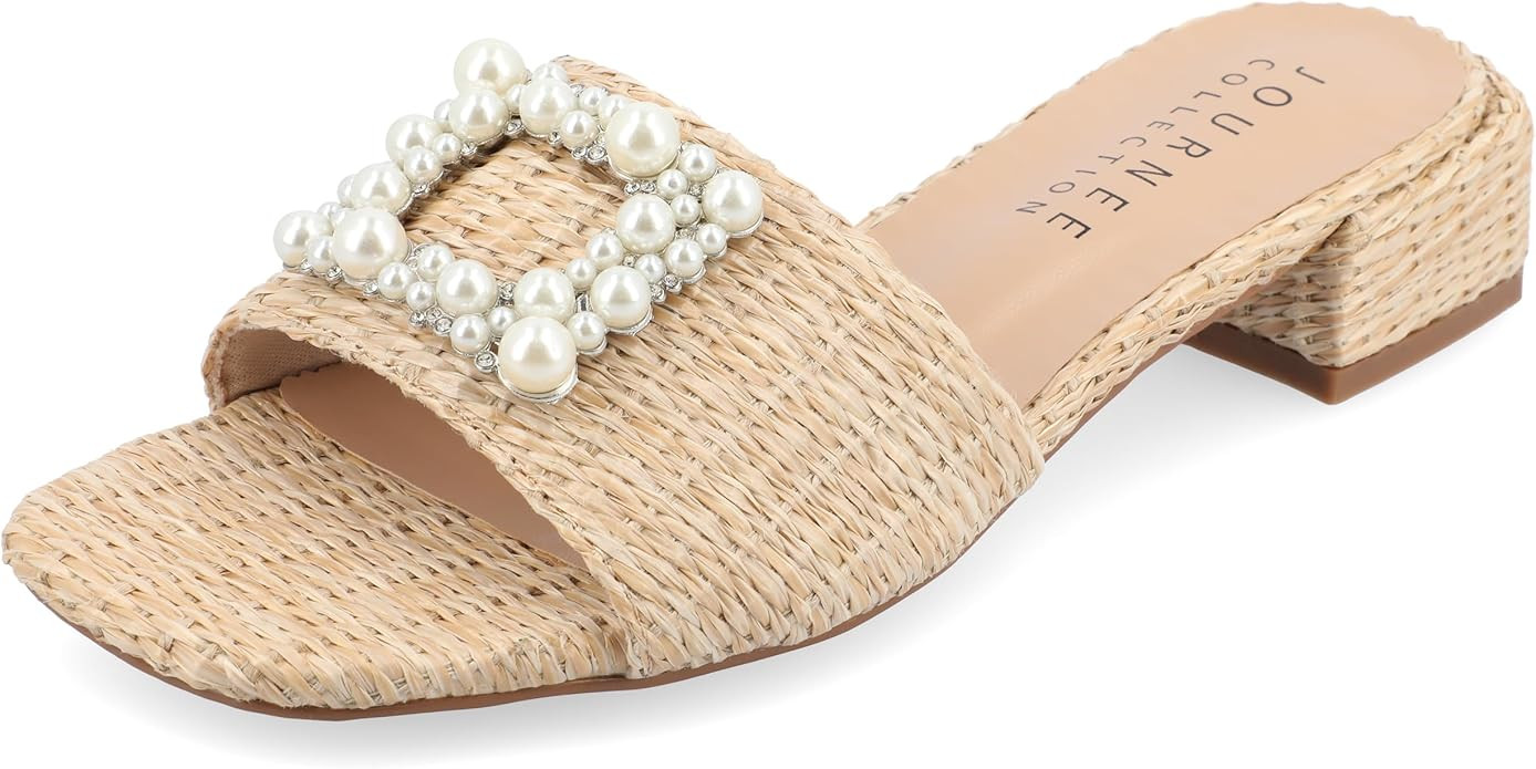Journee Collection Womens Pearl Raffia Slip On Open Square Toe Outset Block Heel Justina Tru Comf... | Amazon (US)