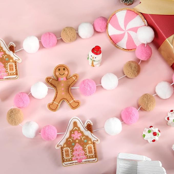 Pink Christmas Gingerbread Garland 10 ft Gingerbread Man Candy House Pom Ball Felt Banner Pink Wh... | Amazon (US)