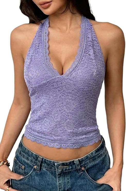 QINSEN Women's Lace Halter Top V Neck Tie Back Double-Layer Tank Top Backless Sleeveless Slim Fit... | Amazon (US)