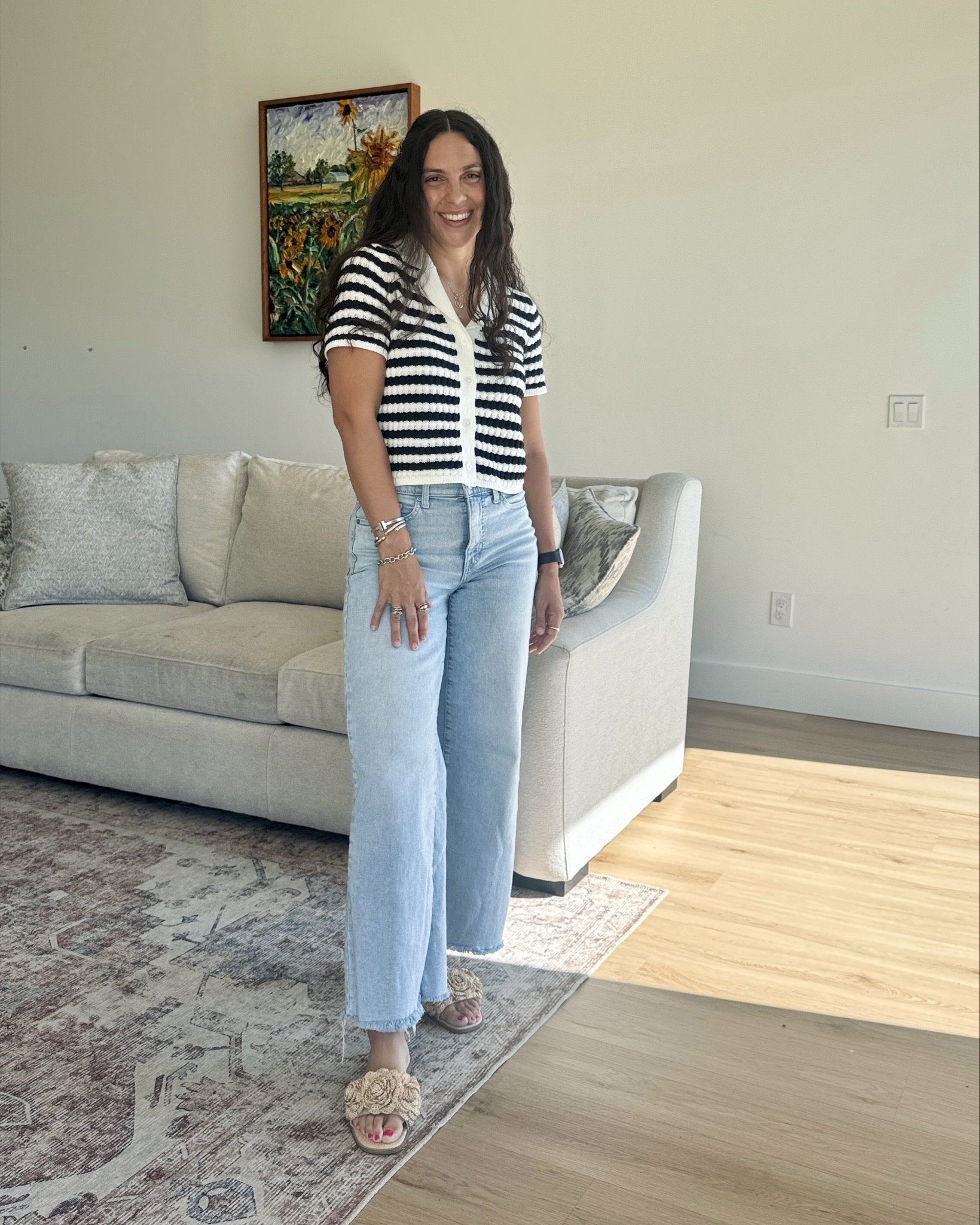 Loved my coastal grandmother inspired outfit for church today! 🎉 I always get compliments on this pair of jeans every time I wear them. They are one of my favorites. Seriously can’t get enough of Banana Republic high-rise denim! 😍 This nautical striped sweater is marked down big time, and these shoes add the perfect coastal touch. My little dazzling sea stars barette is from Dollar Tree! 

High-rise wide-leg cropped denim, coastal inspired look, raffia sandal slides, coastal granddaughter 

#LTKFindsUnder100 #LTKShoeCrush #LTKFindsUnder50