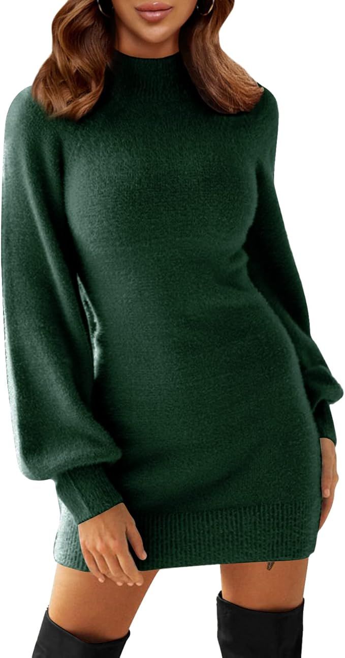 EXLURA Womens Mock Neck Puff Long Sleeve Bodycon Pullover Cute Mini Sweater Dress Dark Olive Gree... | Amazon (US)