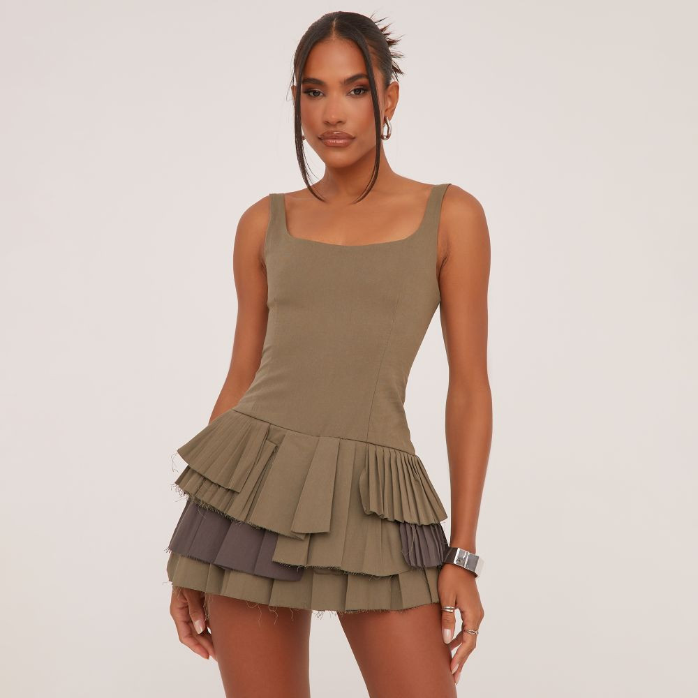 Square Neck Pleated Hem Detail Playsuit In Khaki Green Woven | EGO Shoes (US & Canada)