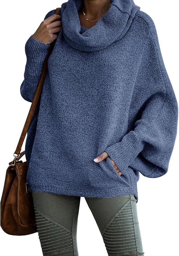 Womens Cowl Neck Pullover Sweaters with Pockets Lantern Long Sleeve Knit Casual Loose Bat Tunic J... | Amazon (US)