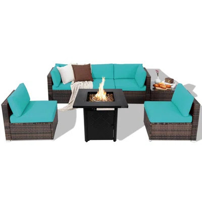 Set of 7 Patio Furniture Set w/ 28'' 50000 BTU Propane Gas Fire Pit Table Cushions Turquoise | Wayfair North America
