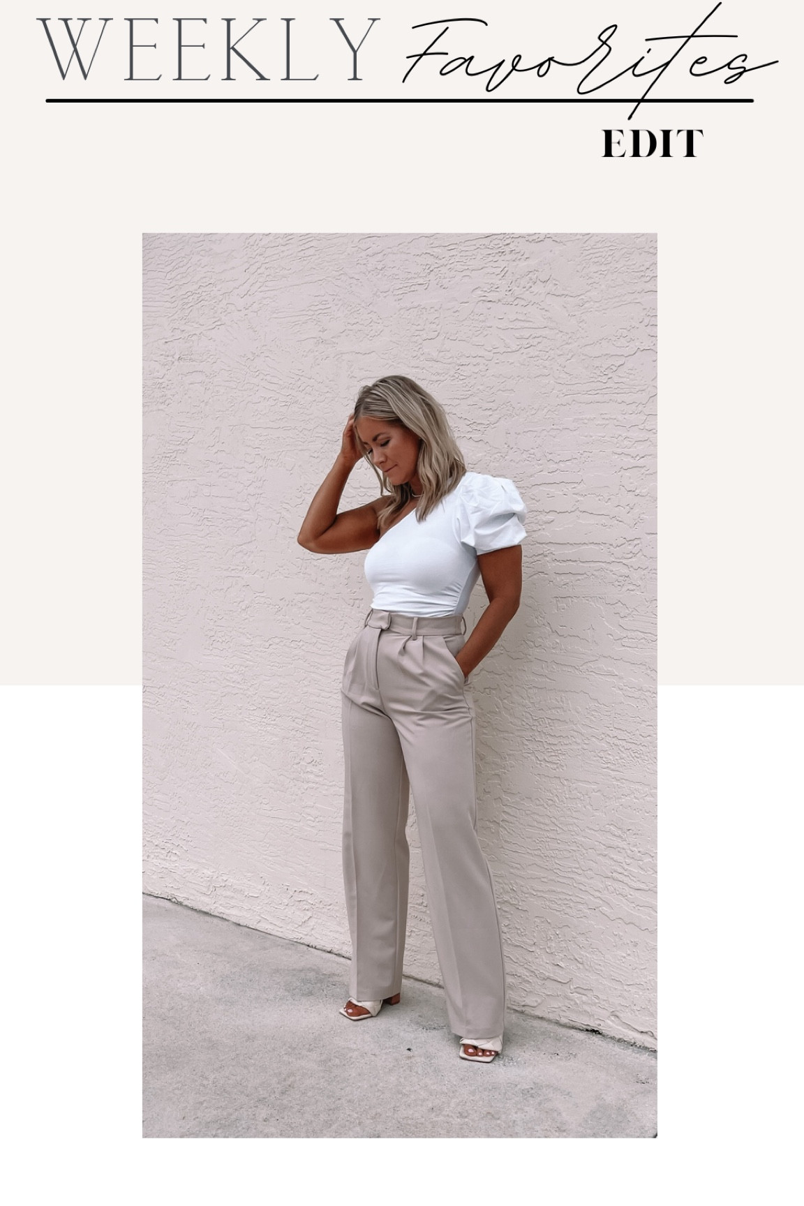 White one shoulder puff sleeve top, beige wide leg tailored pants, white heeled sandals, Spring outfit, Easter look, weekly favorites 

#LTKFind #LTKU #LTKSeasonal