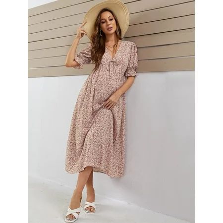 Maternity Ditsy Floral Puff Sleeve Dress Dusty Pink Boho | Walmart (US)
