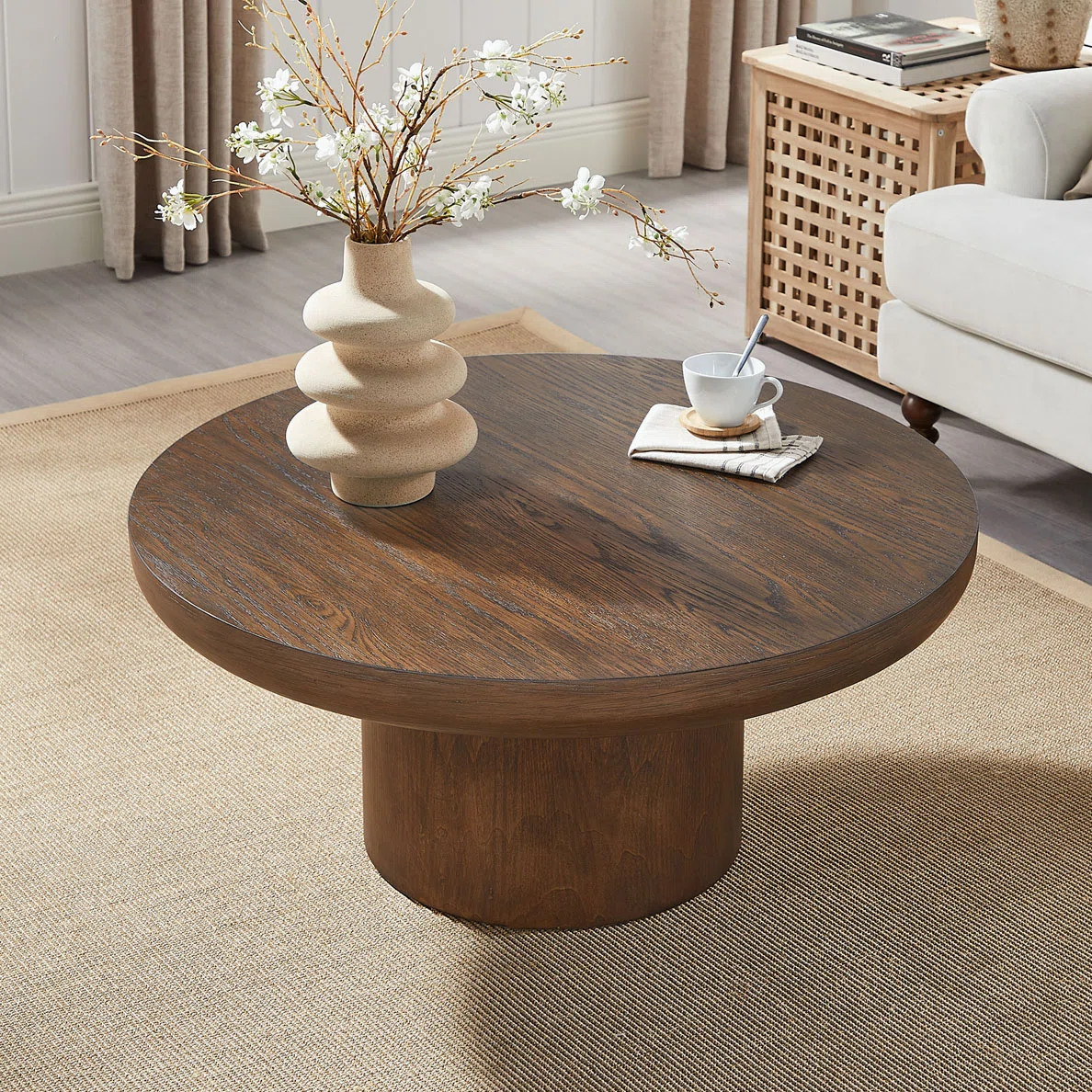 Wood 35.98" Round Coffee Table with Cylindrical Leg | Wayfair North America