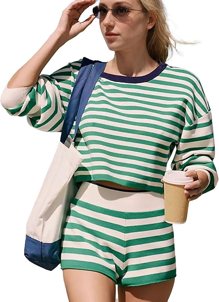 Hixiaohe Lounge Sets for Women 2 Piece Outfits Sweater Set Striped Tops Shorts Matching Pajama Wo... | Amazon (US)