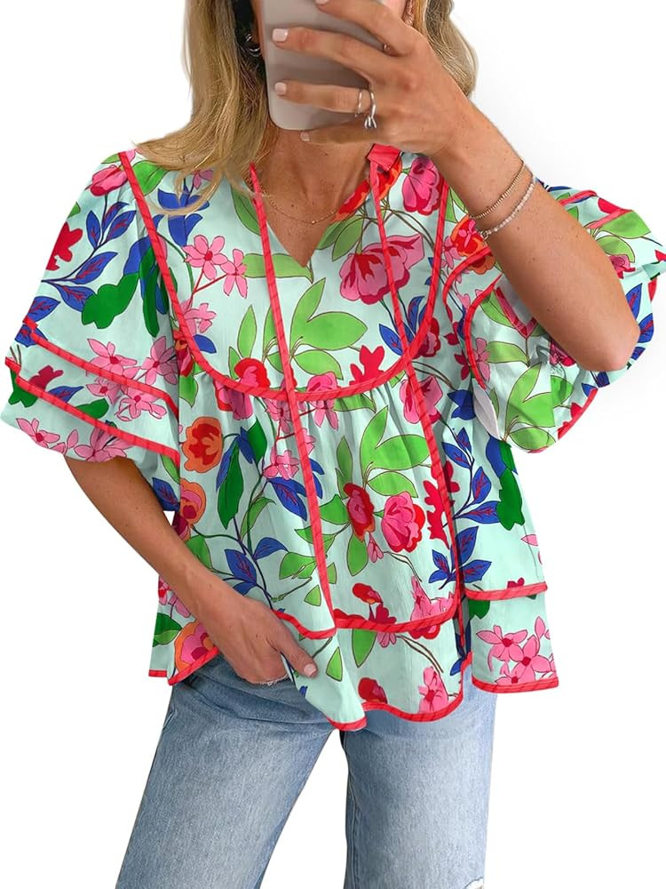 Cicy Bell Womens Summer Floral Babydoll Tops V Neck Short Lantern Sleeve Shirts Cute Loose Fit Fl... | Amazon (US)