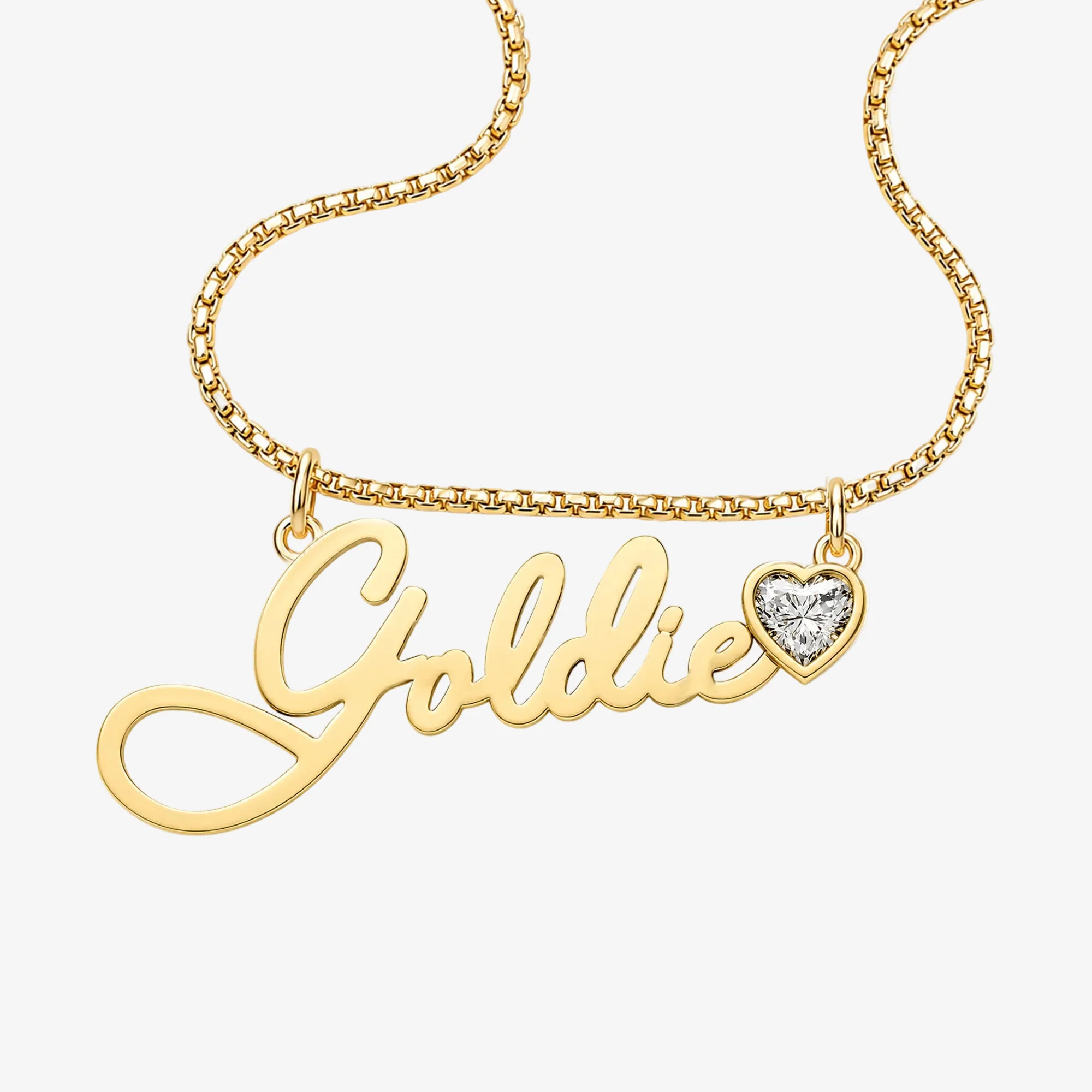 Love Letter Gold Script Necklace with Bezel Heart | Stephanie Gottlieb Fine Jewelry