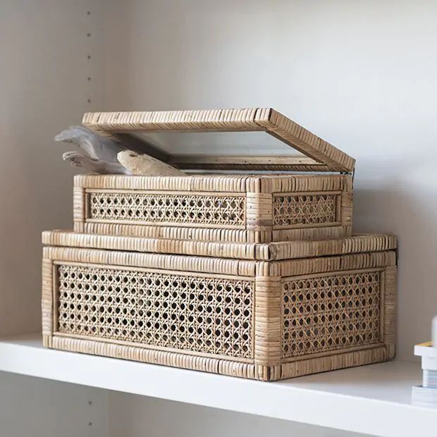 Rattan And Wood Keepsake Storage Box Set of 2 | Antique Farm House