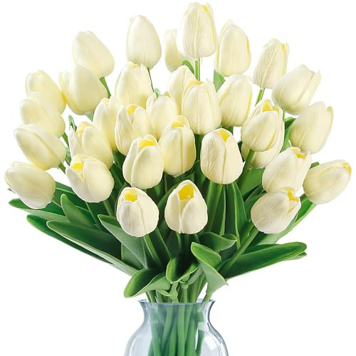 Sggvecsy 15 Pcs Fake Tulips Artificial Flowers Real Touch PU Faux Flowers Tulip Stems for Wedding Spring Bouquet Floral Arrangement Home Party Office Decorations for Mother's Day (Milk White) | Amazon (US)
