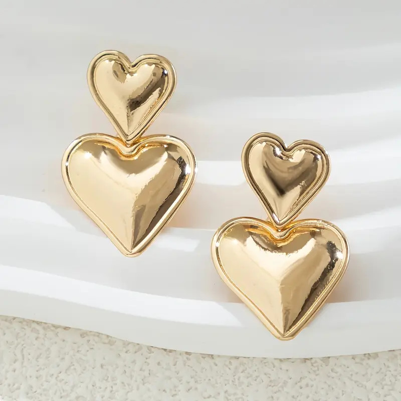 Double Love Heart Dangle Earrings Glossy Metal Feeling Alloy - Temu | Temu Affiliate Program