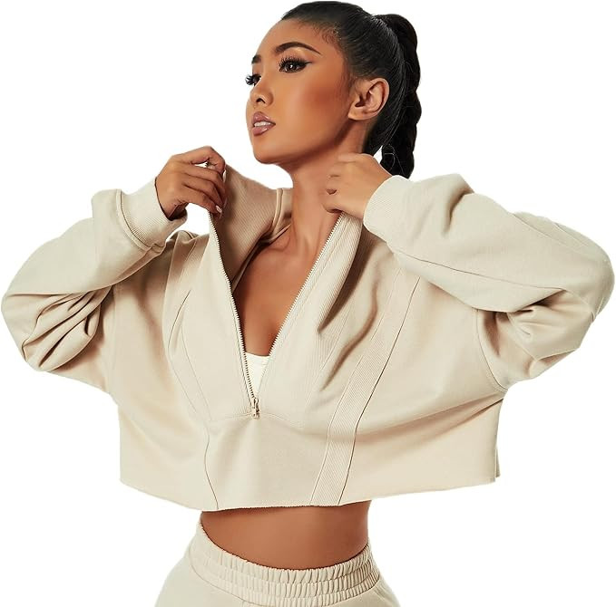 HerGymClothing Womens Cropped Sweatshirt Long Sleeve Half Zip Loose Workout Crop Athletic Jacket | Amazon (US)