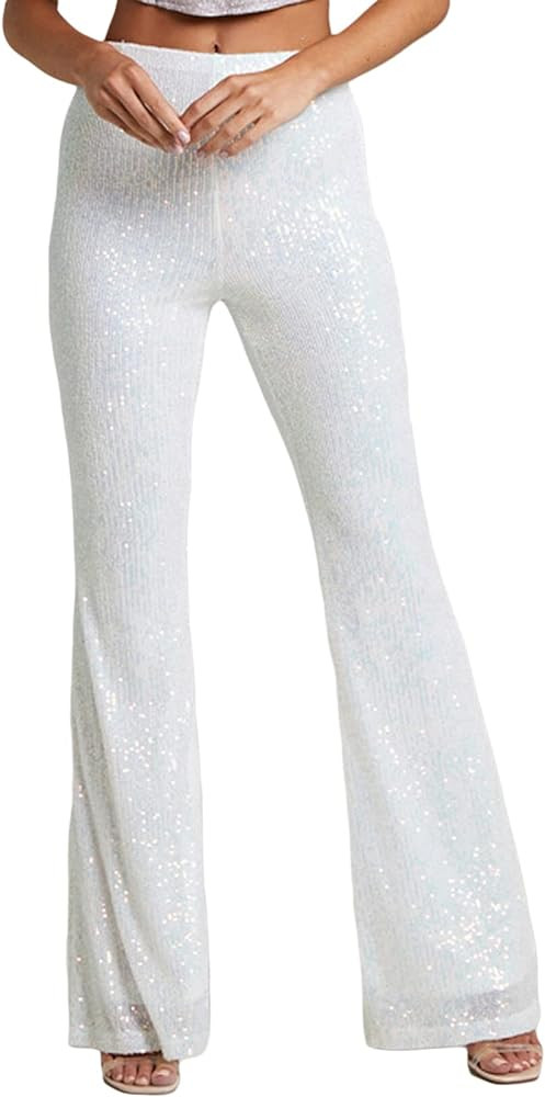 Muineobuka Women Sparkly Sequin Pants Glitter Flared Pants Loose Bell Bottom Shiny Pants Party Cl... | Amazon (US)