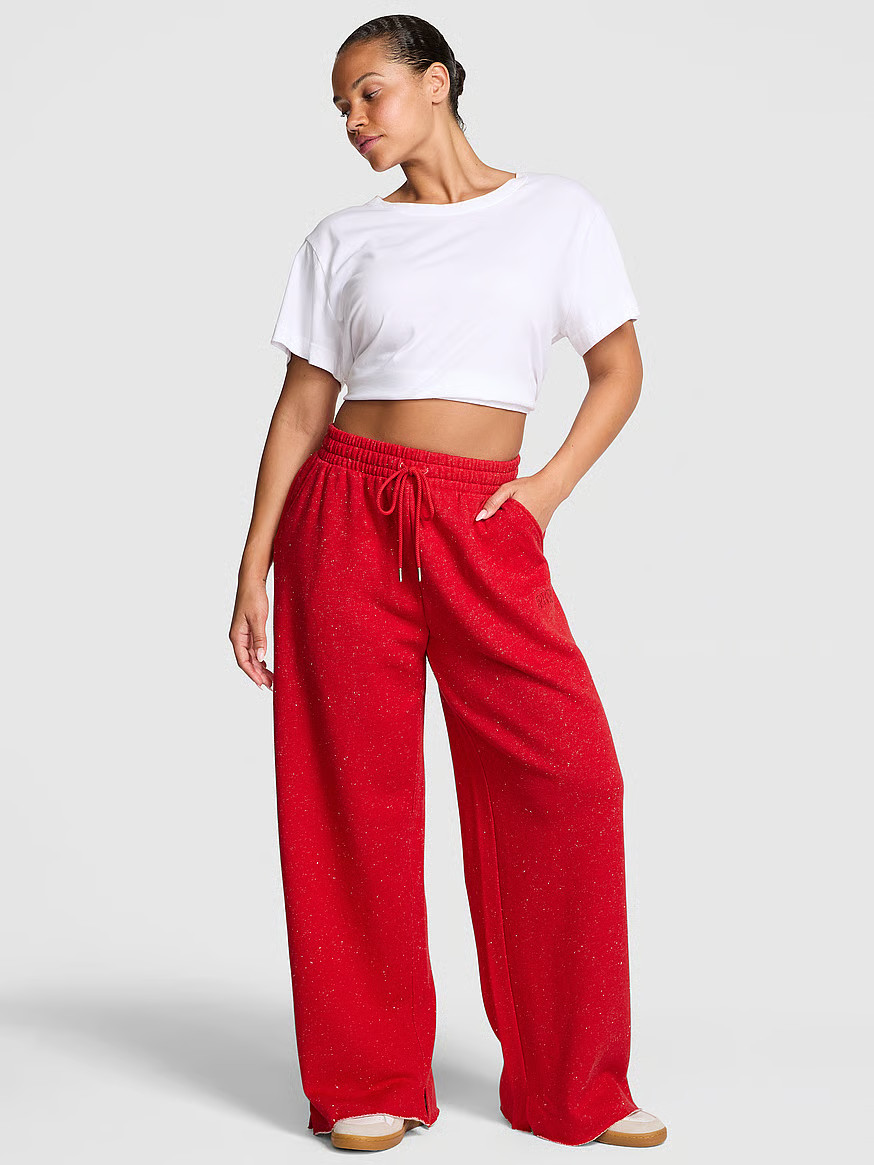 Buy Ivy Fleece Wide-Leg Split-Hem Sweatpants, Heathered Bright Vermillion Woven Shine - Order Bot... | Victoria's Secret (US / CA )