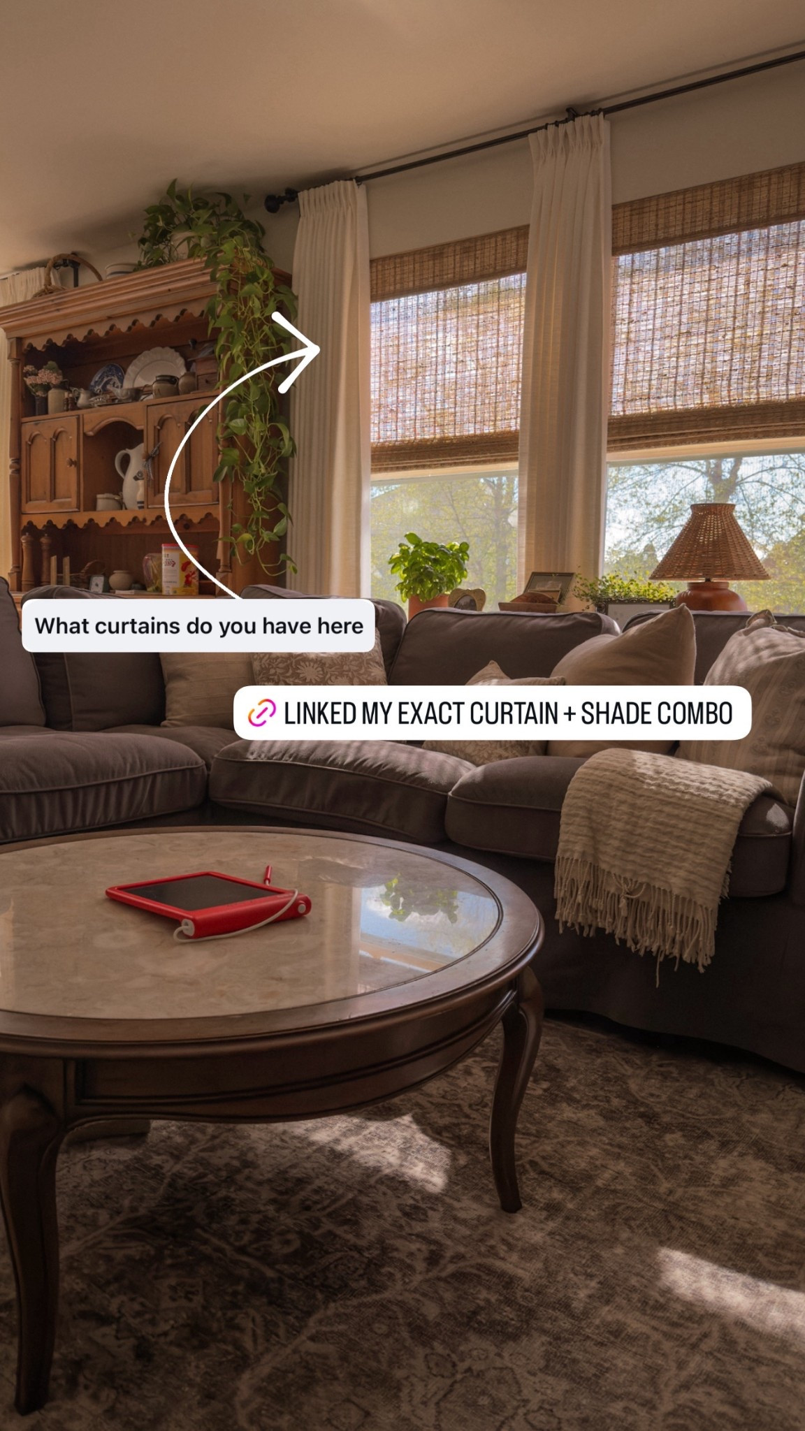 Use code: ASHLEYLYNHOME for 20% off your @twopages order! 

My curtains:
Collection: Liz
Color: Ivory White
Header style: Triple Pleat
Lining: Privacy
Memory trained

My shades:
Natural Jute Bamboo Woven Shade
Color: Cinnamon
Unlined
No edge binding
Installation Method: inside mount
