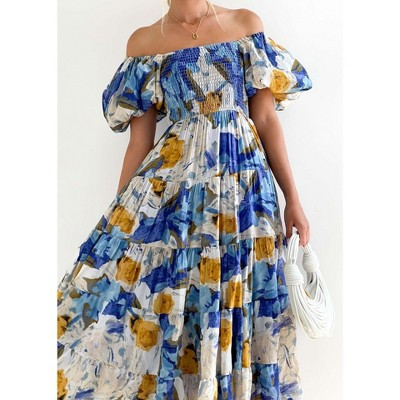 Women's Off The Shoulder Puff Short Sleeve Floral Print Smocked Waist Tiered Maxi Dress Blue L | Target